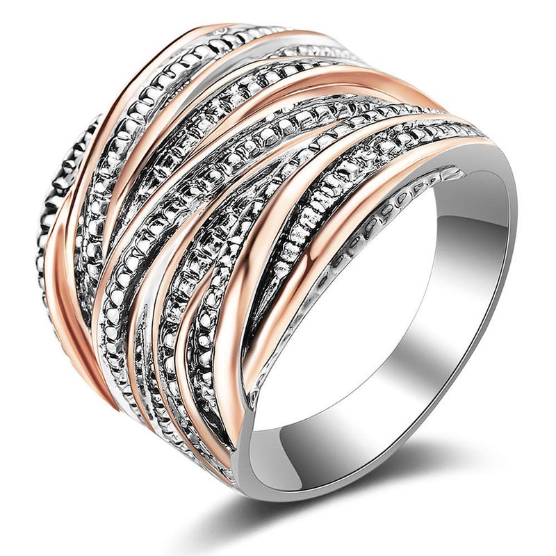 Mytys 2 Tone Intertwined Crossover Statement Ring Fashion Chunky Band Rings for Women Black Gold Silver Rose Gold Plated Wide Index Finger Rings Costume Jewelry (rose gold and silver size 9) - Image 1